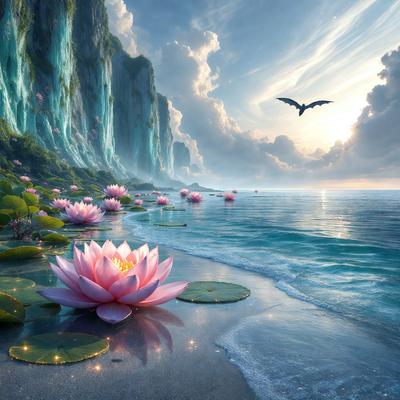 The primary subject of the image is a beautiful water lily with a pink flower, floating on a body of water. The setting is a serene beach with a rocky cliff in the background. The visual style is a digital art, creating a vibrant and lively atmosphere. The dominant colors are pink and blue, with the water lily being the main focus of the scene.
